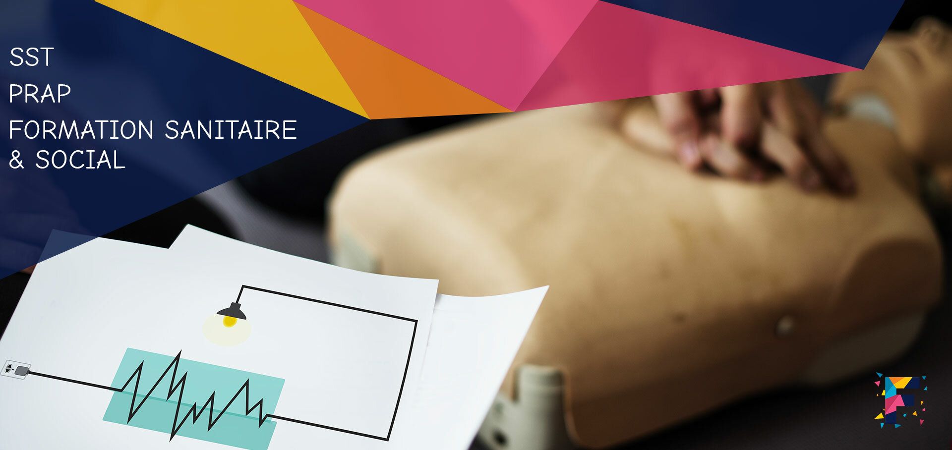 Faphilmani : formation au secourisme et sanitaire et social, avec mannequin de réanimation et motifs triangulaires multicolores